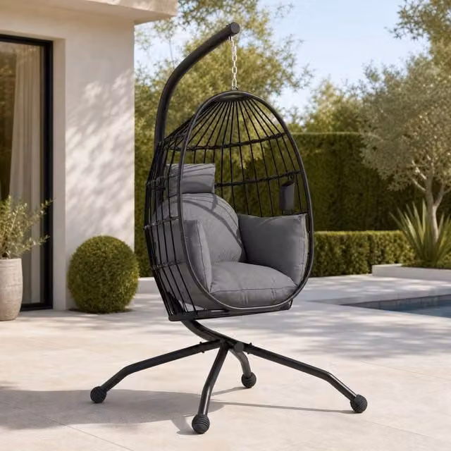 STILVORA Hanging Egg Swing Chair with Metal Stand and Cup Holder in Grey – 1