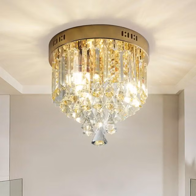 Garwarm 3-Light Crystal Dimmable Flush Mount Ceiling Light in Gold/Brass, Diameter: 28 cm – 1
