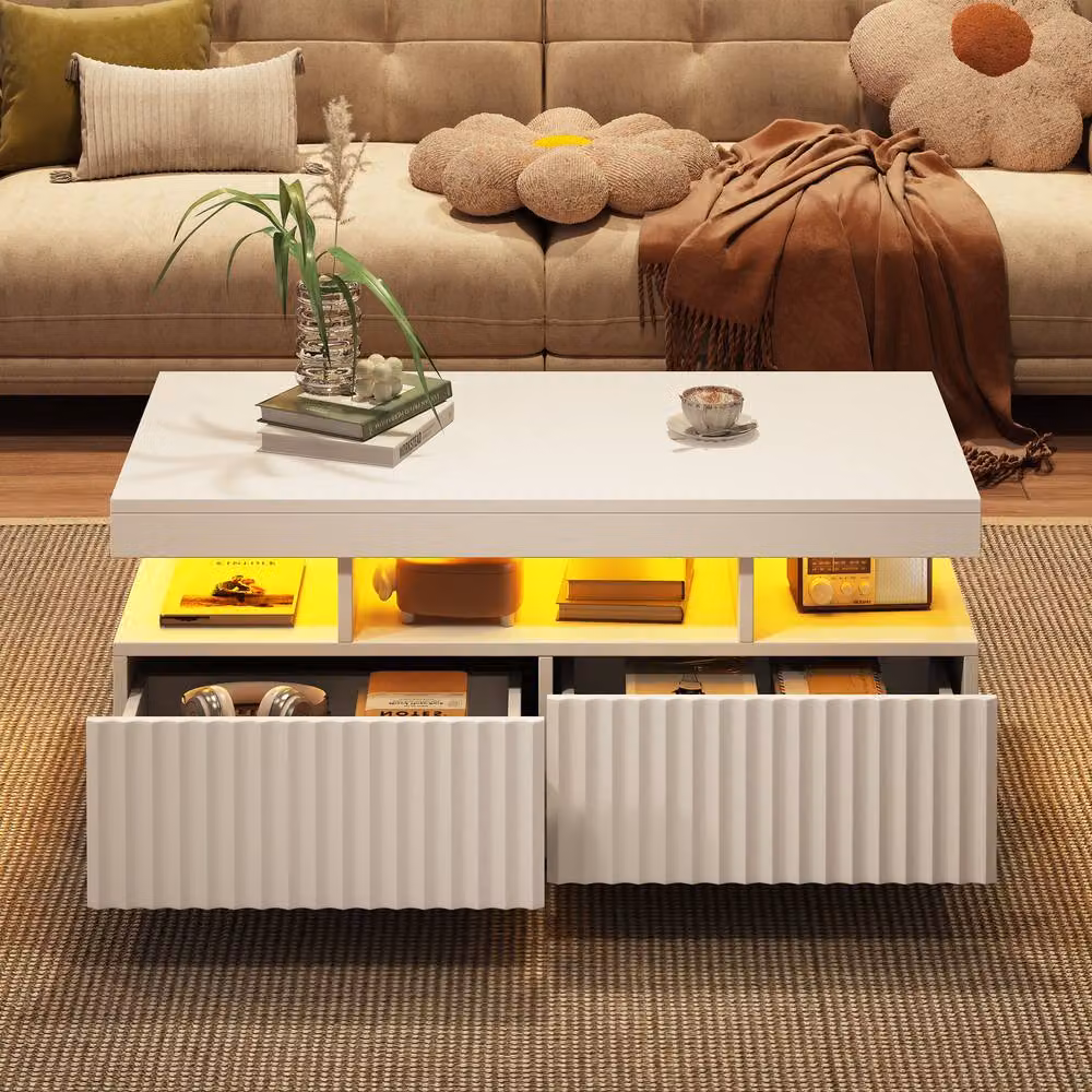 Rolipo White Ribbed Coffee Table with LED Lights and 2 Drawers – 7
