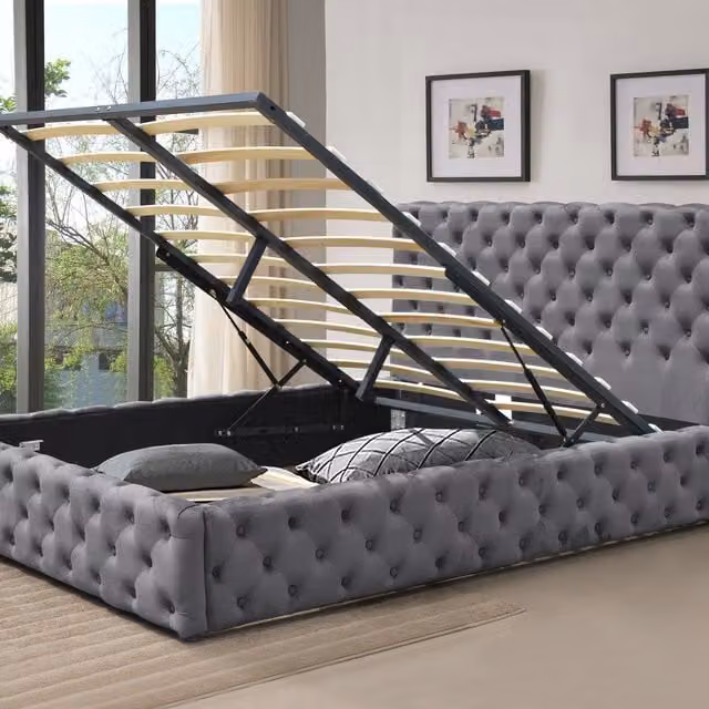 Comfy Living Tufted Chesterfield Fabric Gas Lift Ottoman Bed Frame, Grey, W/D/H: 180 x 200 cm