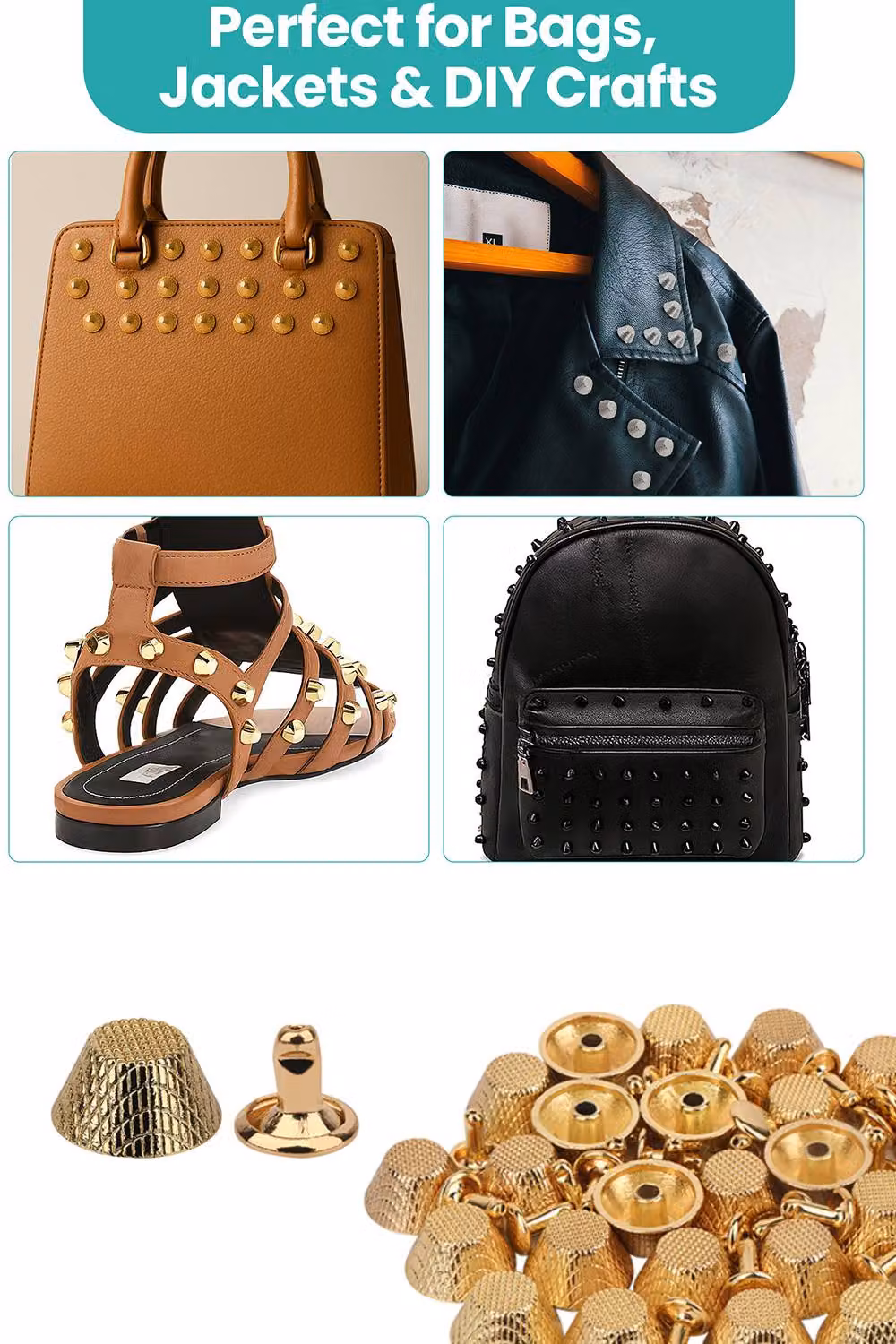 Neel Blue Etched Mushroom Bag Feet Rivets with 9mm Tubular Studs, Gold, 25 Pieces – 4