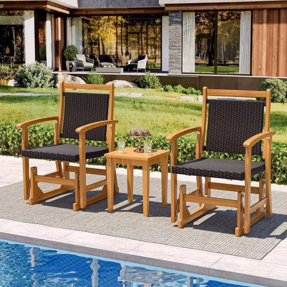 KORVIXA Brown Acacia Wood and Rattan Outdoor Glider Chair for Garden and Terrace, W/D/H: 100 x 100 x 100 cm – 3