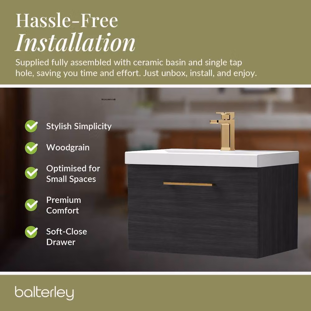 Balterley 600mm Wall Hung 1 Drawer Vanity Unit in Woodgrain Black with Black Bronze Handle – 4