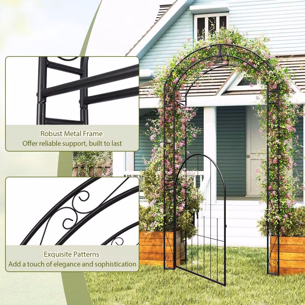 Costway Metal Garden Archway with Gate and Climbing Trellises, Black, Height: 214 cm – 7
