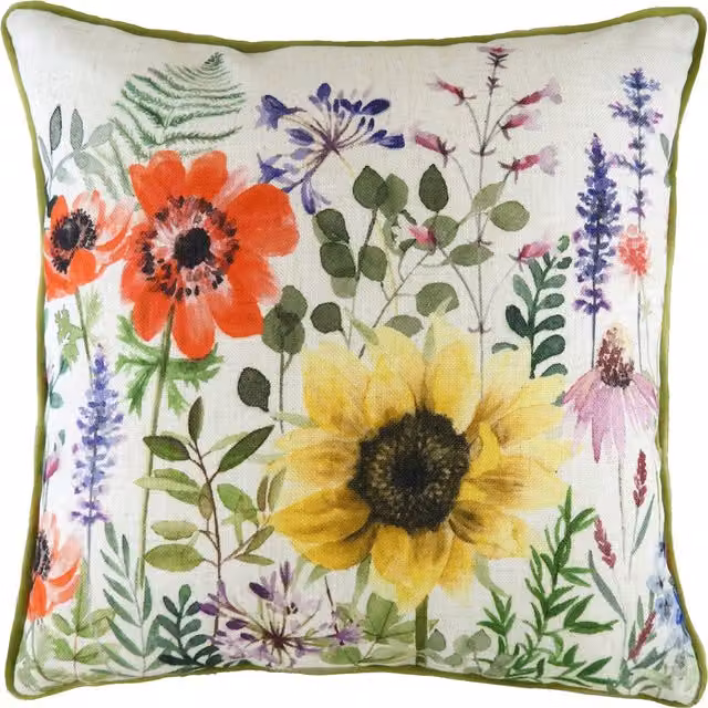 Emma Floral Wild Flowers Rectangular Polyester Cushion, Multicolour and Green, Width: 43 cm