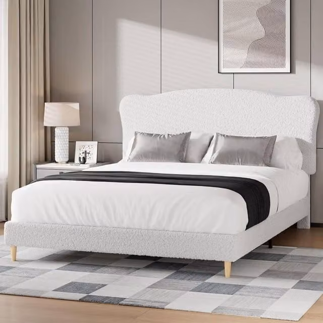 London Boutique Upholstered Double Bed Frame in Beige Bouclé with Heavy Duty Platform Design, W/D/H: 140 x 200 x 104.9 cm – 1