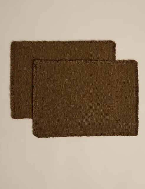 M&S Set of 2 Plain Rectangular Pure Cotton Frayed Edge Placemats in Green