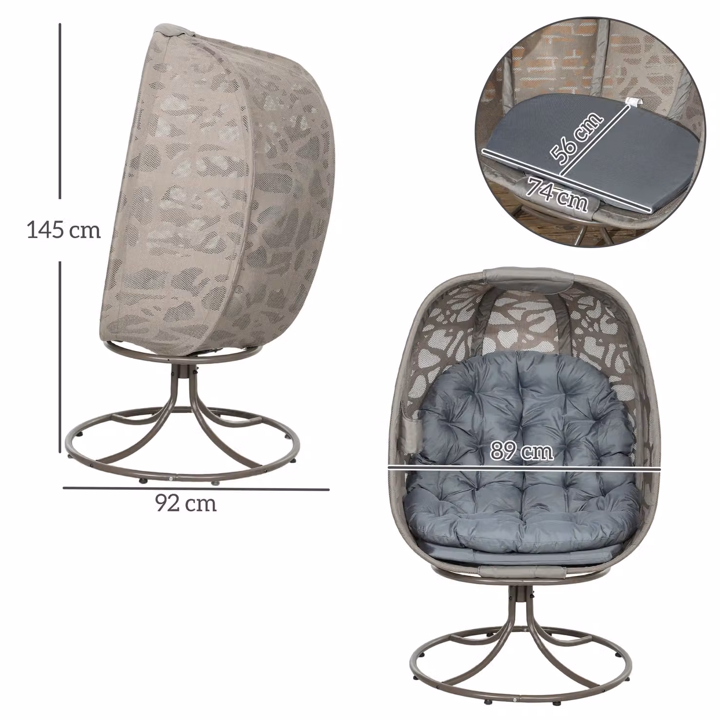 Outsunny Foldable Swivel Egg Chair with Cushions and Metal Frame, Grey – 3