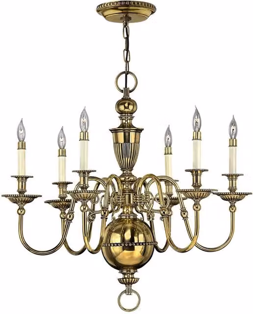 Elstead Cambridge 6 Light Chandelier in Polished Brass with Transparent Glass Shades and E14 Base
