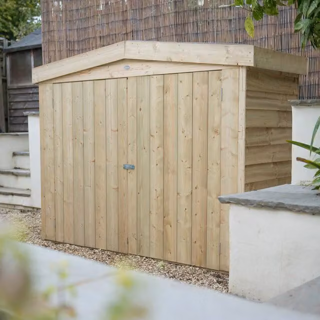 Apex Pressure Treated Large Outdoor Wood Store in Forest Brown with Gable Roof and Double Doors