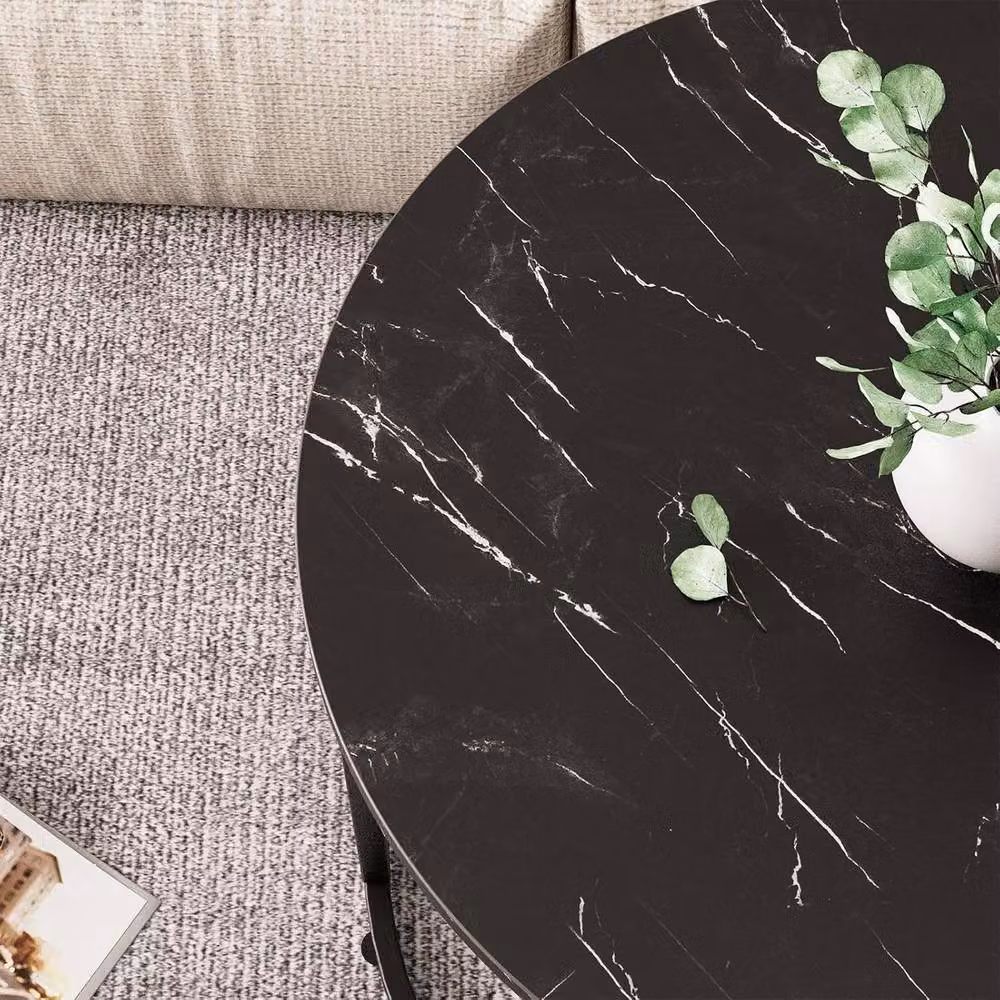Huhote Set of 2 Round Nesting Coffee and Side Tables with Black Marble Finish and Metal Sled Base – 7