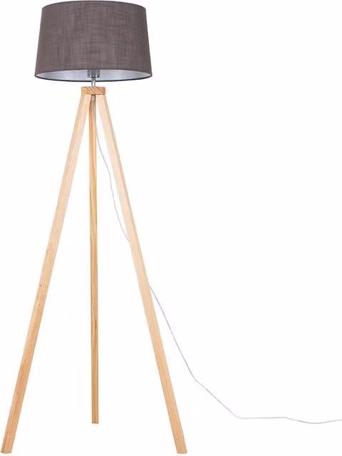 ValueLights Barbro Tripod Floor Lamp in Light Wood with Grey Fabric Cylinder Shade, Height: 130 cm – 1