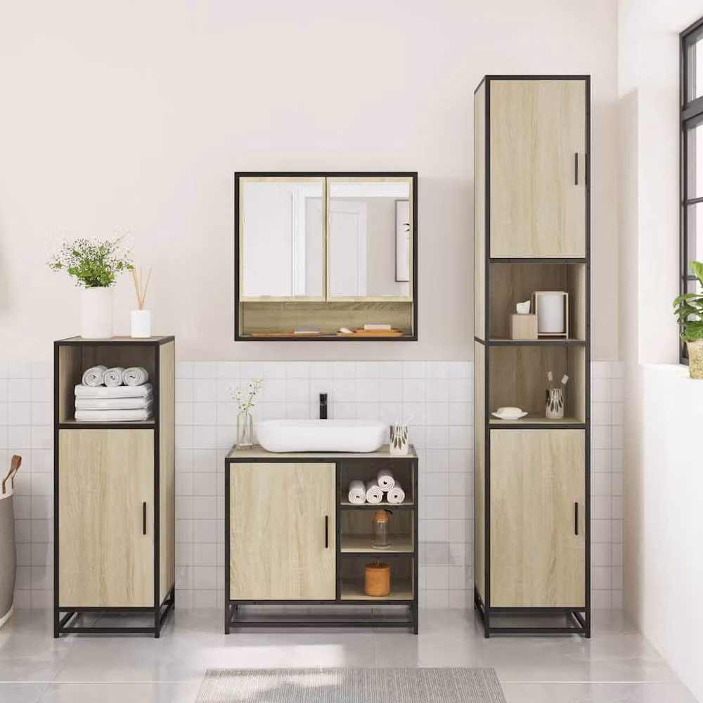 Berkfield Home 3 Piece Industrial Bathroom Furniture Set in Sonoma Oak and Brown – 2