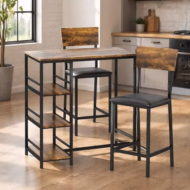 STILVORA Bar Table and Chairs Set with Storage in Rustic Brown