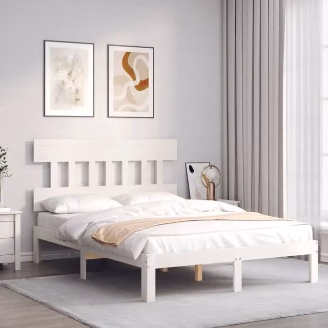 Berkfield Home Beautiful Bed Frame with Headboard in White Solid Pine Wood, W/D/H: 140 x 200 x 143.5 cm – 1