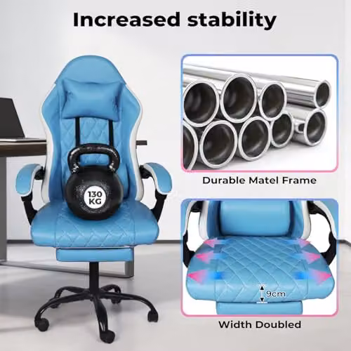 Levede Blue and White Ergonomic Gaming Chair with Headrest, Adjustable Height and Swivel Function – 11