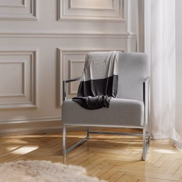 LPD Home Ritz Accent Chair in Grey Fabric with Metal Frame and Armrests