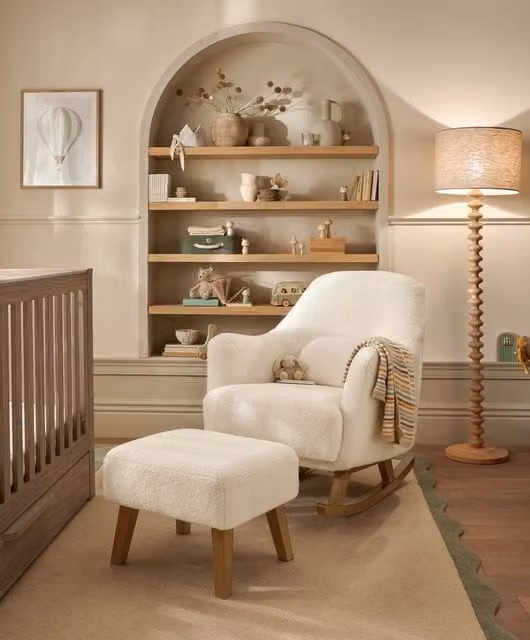 Mamas & Papas Nursing Chair and Ottoman in White Bouclé