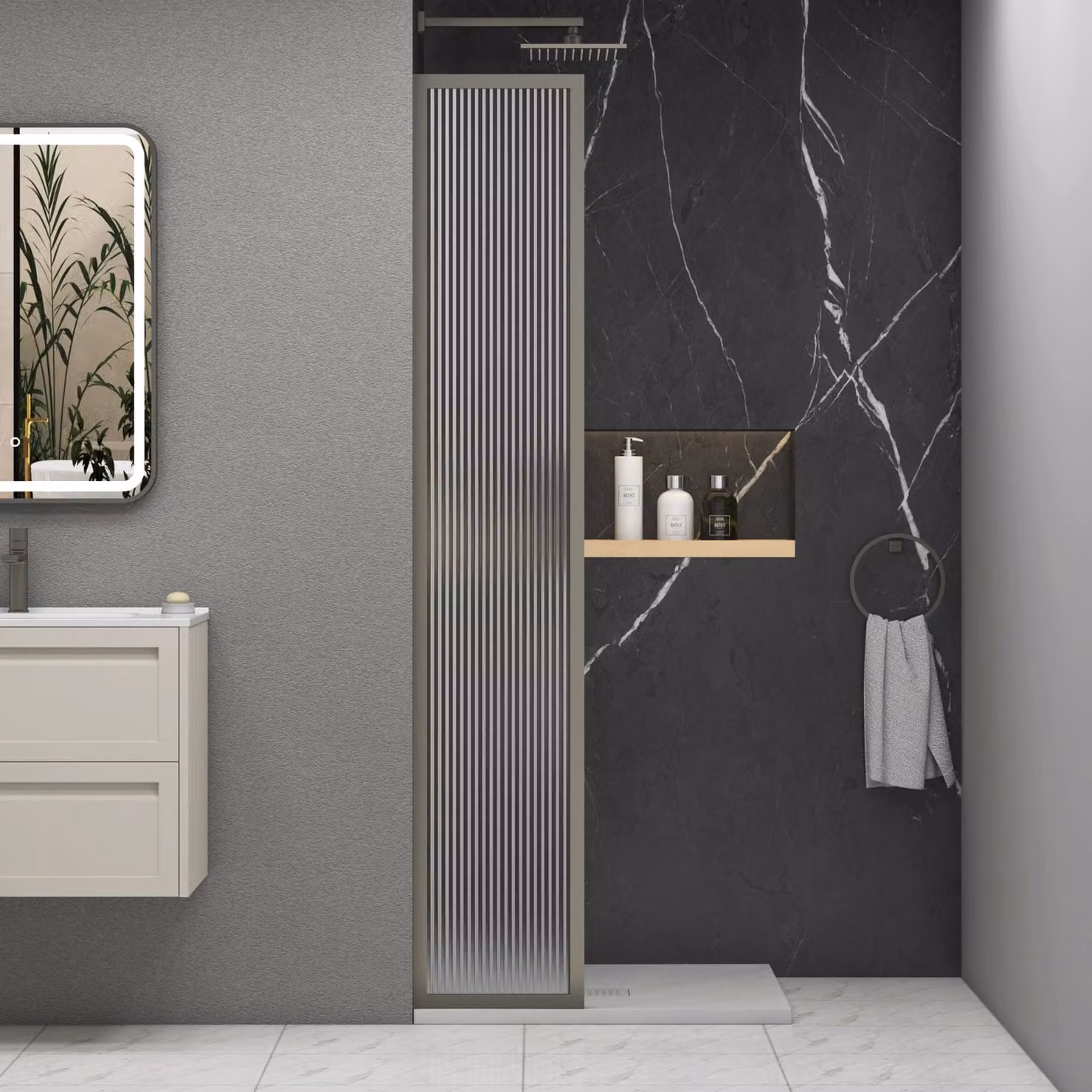 Luxor Fixed Walk-In Wet Room Fluted Shower Screen with Gun Metal Grey Frame, 8mm Easy Clean Glass, W: 30 cm, H: 195 cm, D: 30 cm
