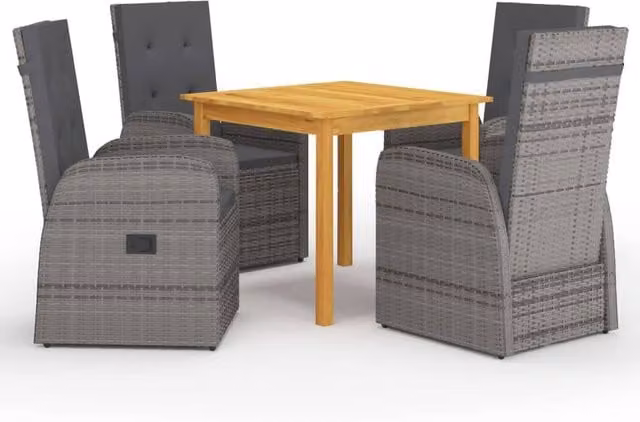 Berkfield Home 5 Piece Grey Poly Rattan Garden Dining Set with Acacia Wood Table and Polyester Cushions