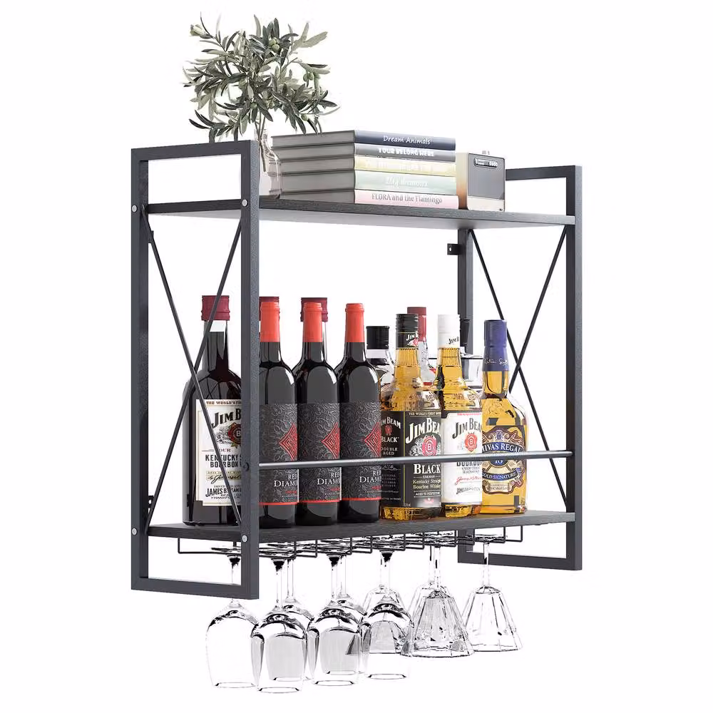 Huhote 2 Tier Wall Mounted Wine Glass Rack Holder in Matt Black – 2