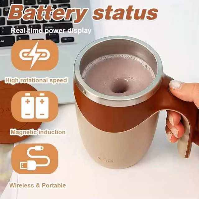 KORVIXA Rechargeable Electric Magnetic Mixing Cup in Brown with Stainless Steel