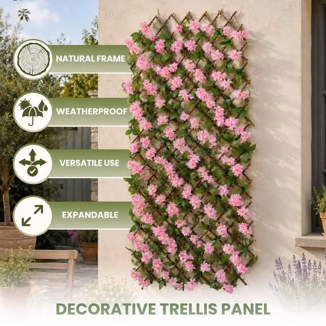 Marco Paul Pink and Green Artificial Floral Willow Trellis Wall Decoration, W: 90 cm, H: 180 cm