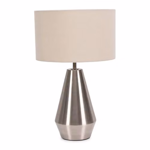 ValueLights Silver Chrome Metal Touch Dimmer Table Lamp with Beige Fabric Cylinder Shade and LED Bulb