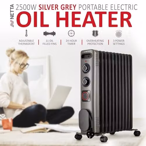 Netta 2500W Electric Oil Filled Radiator with Thermostat and 24 Hour Timer, Silver Grey – 2