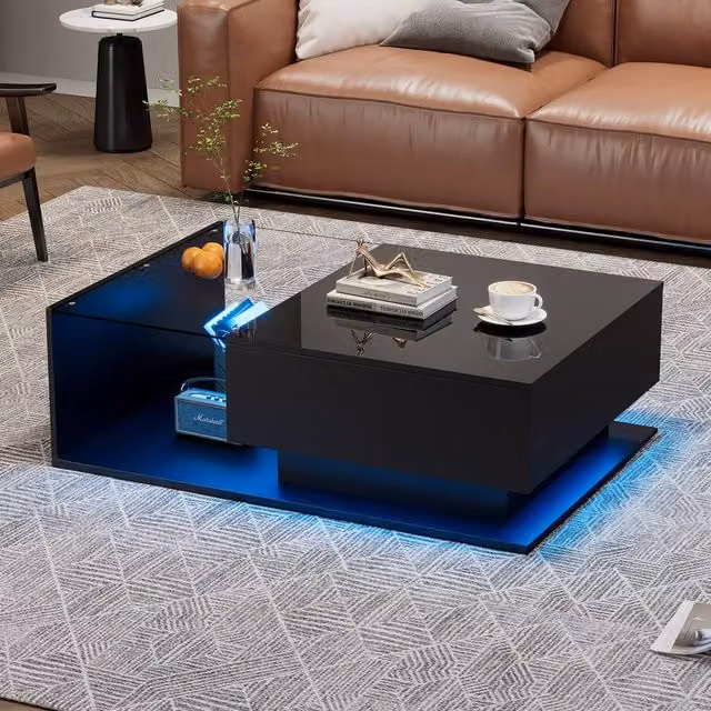 Rolipo Black LED Coffee Table with Glass Top and Storage Drawer – 1