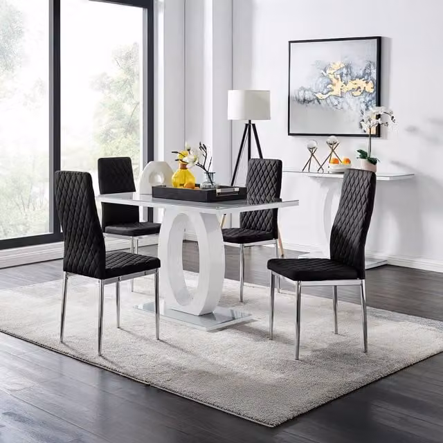 FurnitureboxUK Giovani Dining Set with Grey Glass Rectangular Table and 4 Black Velvet Milan Chairs