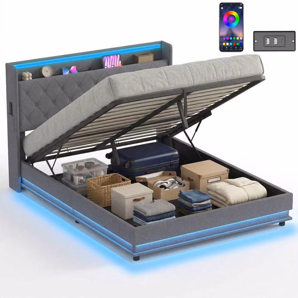 HOMCOM King Ottoman Bed Frame with Lift Up Storage, RGB LED Lighting and USB Charging Port, Grey, W: 150 cm, D: 200 cm – 9