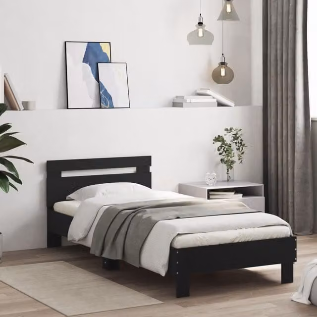 Berkfield Home Small Single Bed Frame with Headboard in Black, W: 75 cm, L: 190 cm