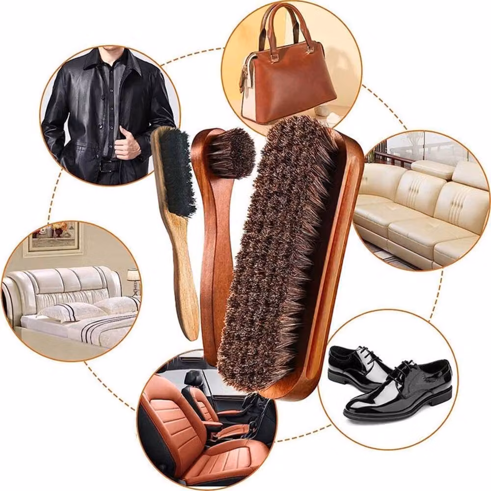 VOGREX 3-Piece Horsehair Shoe Brush and Microfibre Cloth Set in Brown – 4