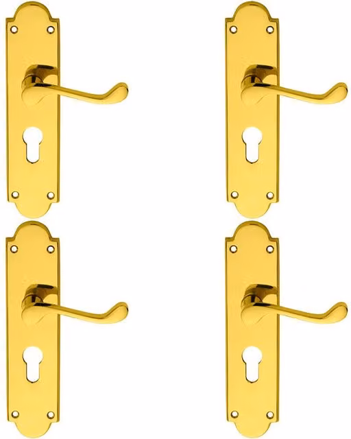 Loops 4x Pair Victorian Scroll Lever on Euro Lock Backplate, Polished Brass, 205 x 49 mm