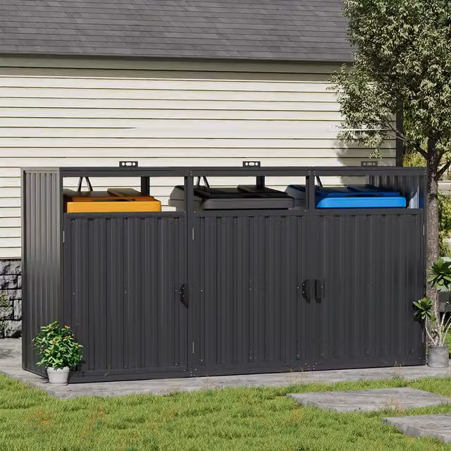 Breeins Outdoor Triple Dustbin Storage in Anthracite Grey Galvanised Steel
