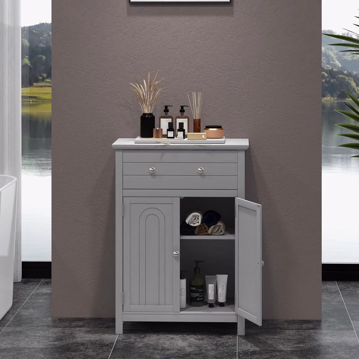 Gymax Grey Freestanding Bathroom Storage Cabinet with Internal Shelves and Drawers – 2
