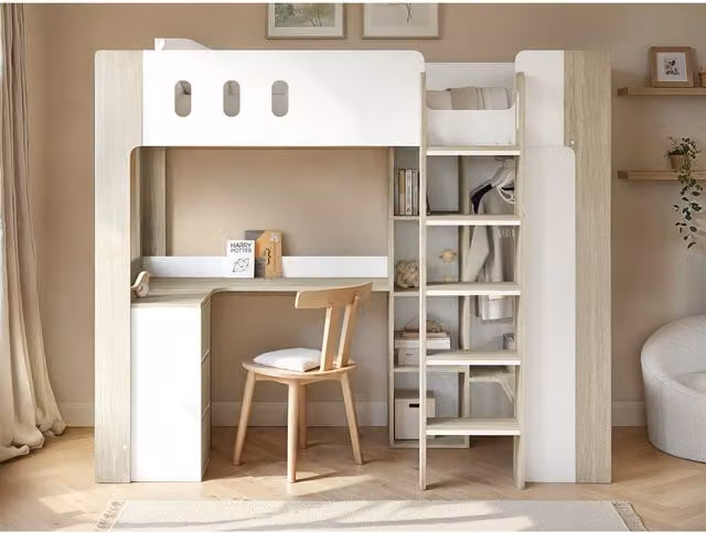 Flair Furnishings Willow High Sleeper with Desk and Storage, White and Oak, Single – 1