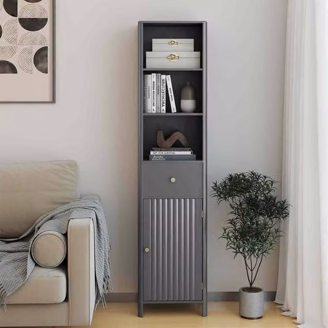 Costway Grey Wooden Narrow Bathroom Floor Cabinet with Fluted Hinged Doors, H 170 x W 40 x D 30 cm