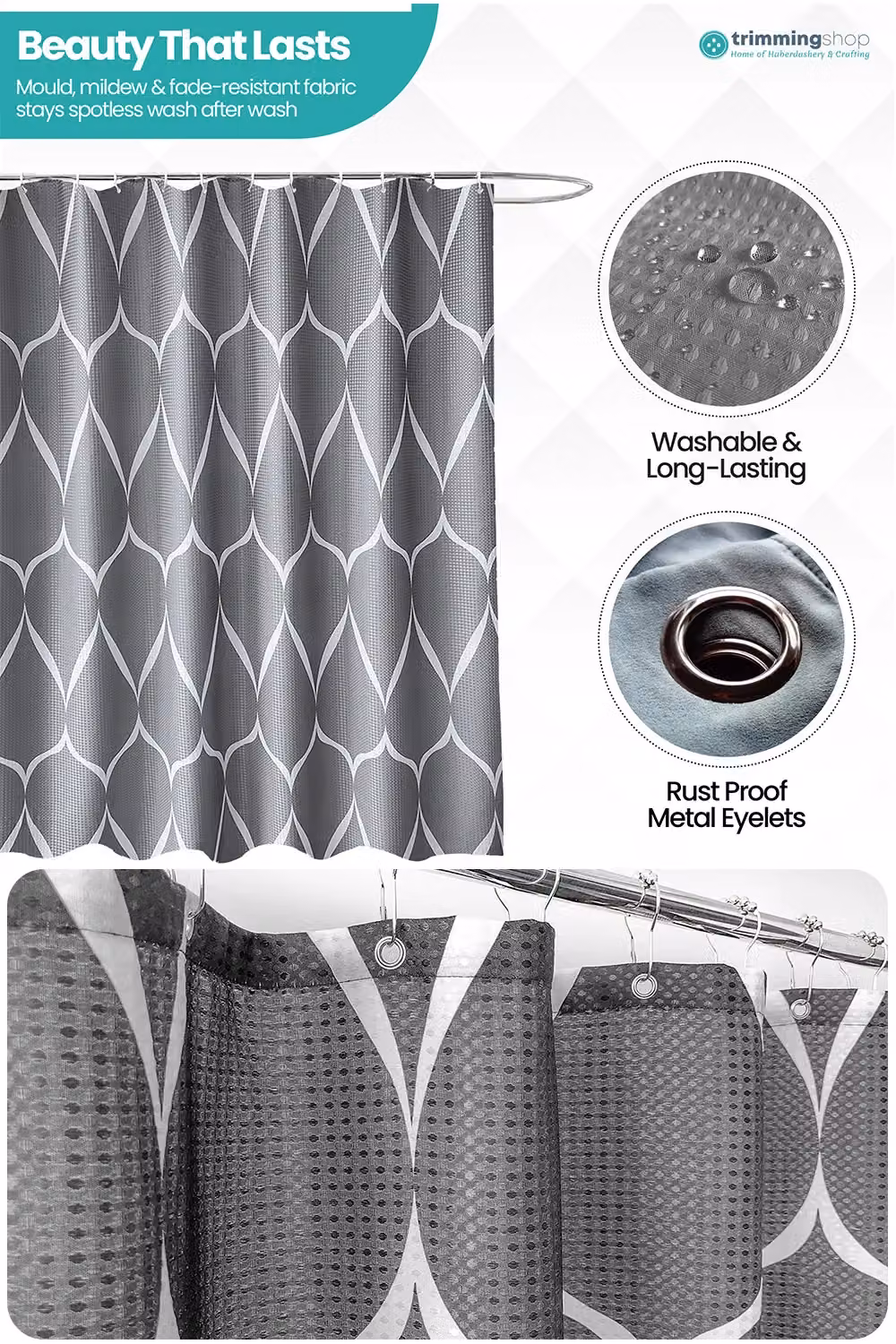 Neel Blue Lattice Design Waterproof Bathroom Shower Curtain in Dark Grey, W: 180 cm, H: 200 cm – 4