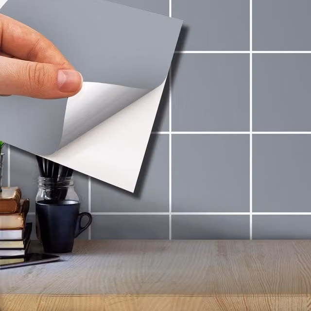 Walplus Grey Geometric Square Metallic Adhesive Wall Tile Stickers