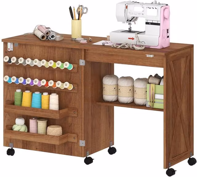 HOMCOM Brown Folding Sewing Craft Table with Storage Compartments and Castors – 1