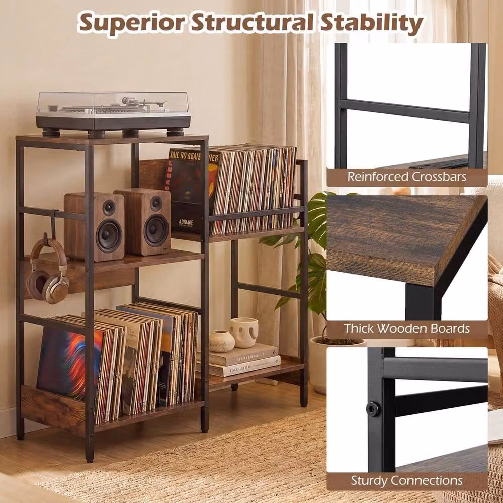 FORGEVIO Industrial Record Player Side Table and Display Cabinet in Brown – 5