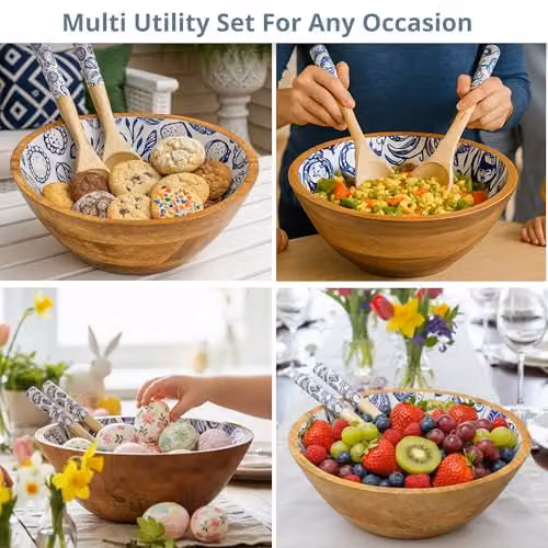 Hartsmede Handmade Mango Wood Salad Bowl Set with Spoons, Ocean Pattern Blue, Diameter: 30.48 cm – 4