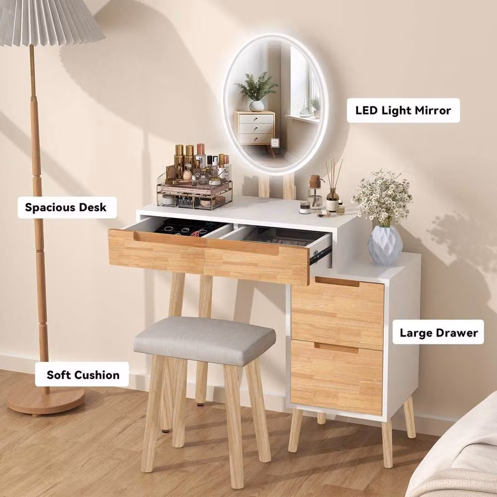 FLAVORA Modern Dressing Table Set with Hollywood LED Mirror in White – 3
