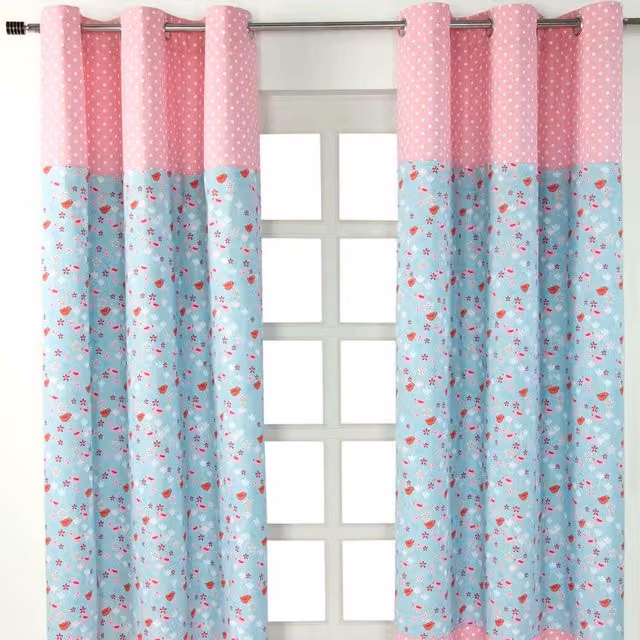 Homescapes Blue Floral Birds and Flowers Opaque Eyelet Curtain Pair, Height: 228 cm, Width: 137 cm