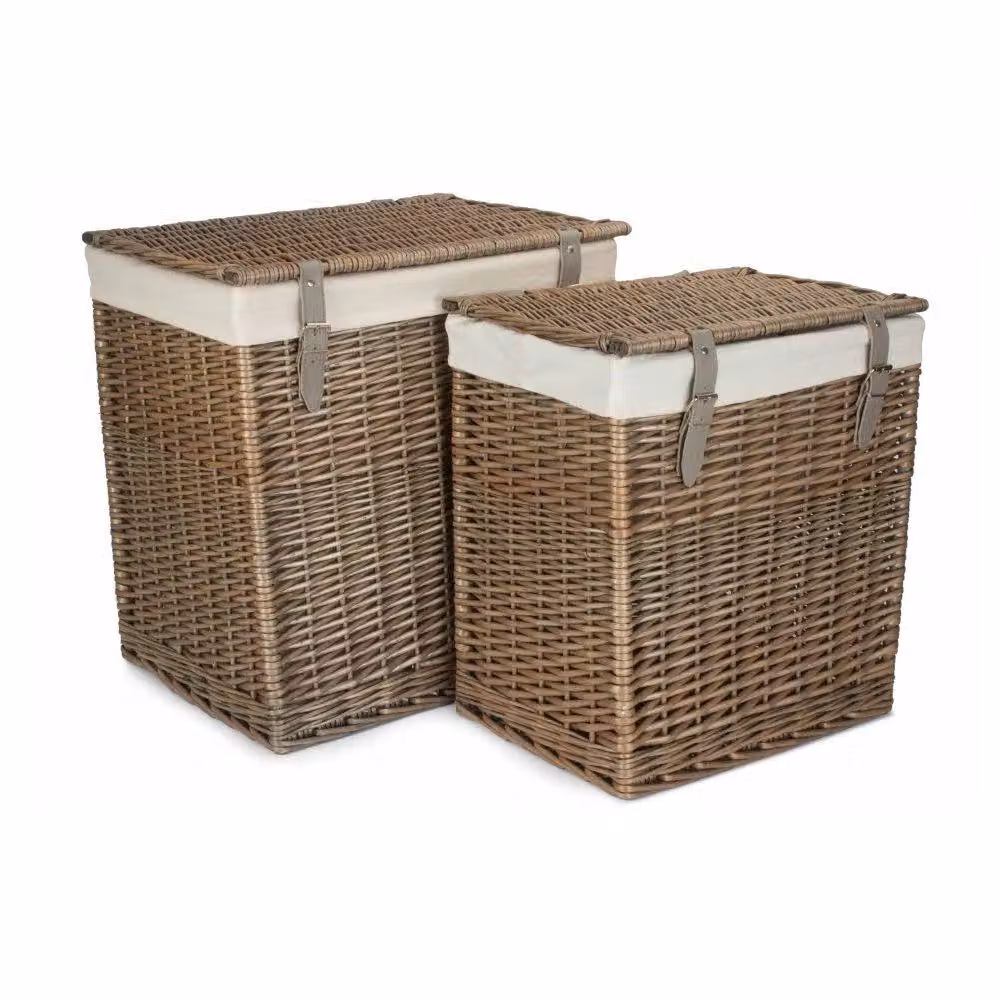 Red Hamper Set of 2 Brown Wicker Laundry Baskets with Cotton Lining and Handles – 2