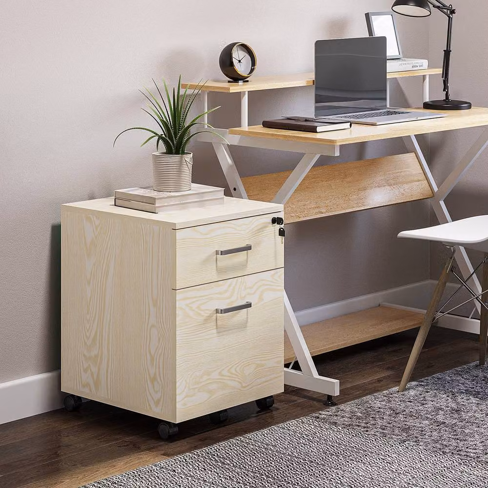 ERGOVEXA 2-Drawer Locking Office Filing Cabinet with 5 Wheels, Oak in Natural White – 2