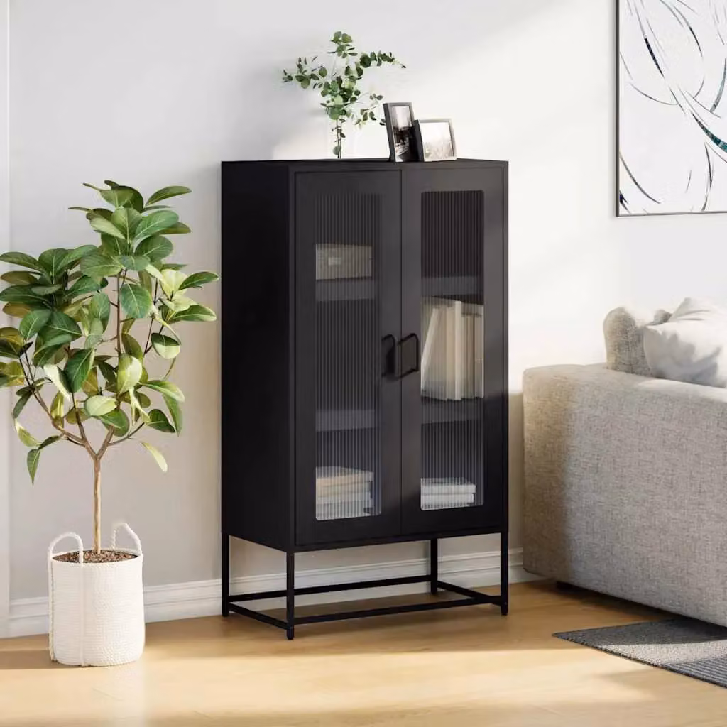 Berkfield Home Black Steel Highboard with Glass Doors, W/D/H: 68 x 39 x 123 cm – 3