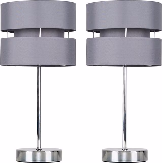 ValueLights Set of 2 Chrome Bedside Table Lamps with Grey Fabric Shades in Silver